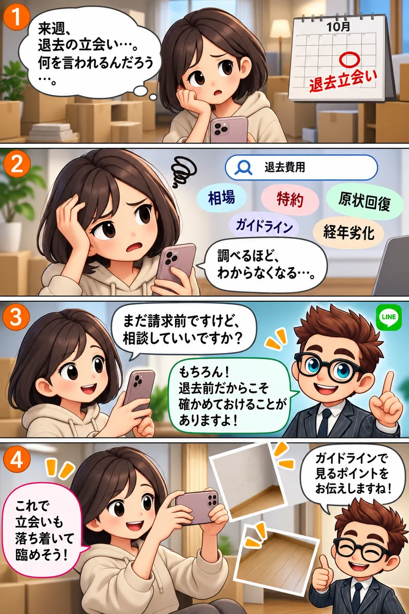 4コマ漫画。1コマ目：退去の立会いを来週に控えた女性が「何を言われるんだろう」と不安になる。2コマ目：退去費用をネットで調べるが「調べるほど、わからなくなる」。3コマ目：LINEで「まだ請求前ですけど、相談していいですか？」と聞くと、しんだん君が「もちろん！退去前だからこそ確かめておけることがありますよ」と答える。4コマ目：女性が部屋の壁や床を撮影し、しんだん君が「ガイドラインで見るポイントをお伝えしますね」。女性「これで立会いも落ち着いて臨めそう！」