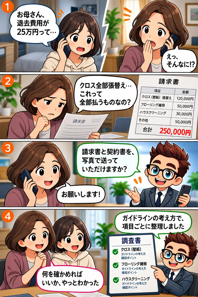 4コマ漫画。1コマ目：一人暮らしの娘から母親に「退去費用が25万円って…」と電話があり、母親が「えっ、そんなに！？」と驚く。2コマ目：母親が請求書を見て「クロス全部張替え…これって全部払うものなの？」。3コマ目：母親が電話で相談すると、しんだん君が「請求書と契約書を、写真で送っていただけますか？」。4コマ目：しんだん君が調査書を見せて「ガイドラインの考え方で、項目ごとに整理しました」。母親「何を確かめればいいか、やっとわかった」