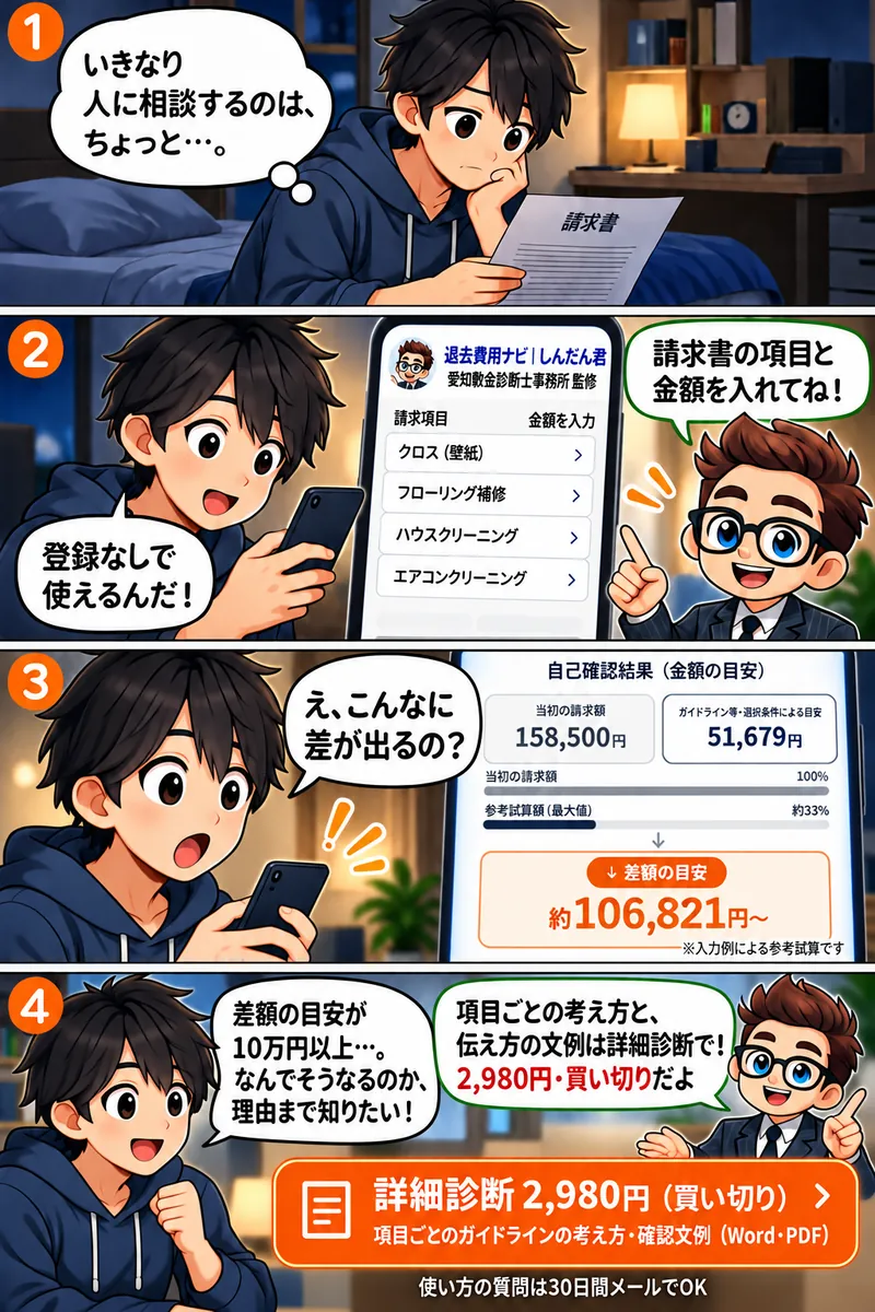4コマ漫画。1コマ目：請求書を見た男性が「いきなり人に相談するのは、ちょっと…」。2コマ目：スマホで退去費用ナビ しんだん君を開き「登録なしで使えるんだ！」、しんだん君「請求書の項目と金額を入れてね！」。3コマ目：自己確認結果に差額の目安が表示され「え、こんなに差が出るの？」（入力例による参考試算）。4コマ目：男性「理由まで知りたい！」、しんだん君「項目ごとの考え方と、伝え方の文例は詳細診断で！2,980円・買い切りだよ」